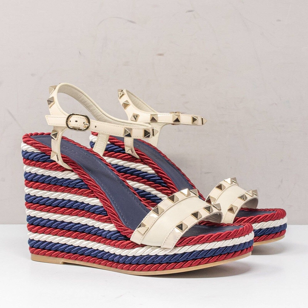 Valentino Garavani Rockstud Torchon Wedge Sandals Size 37 EU (Red/White/Blue)